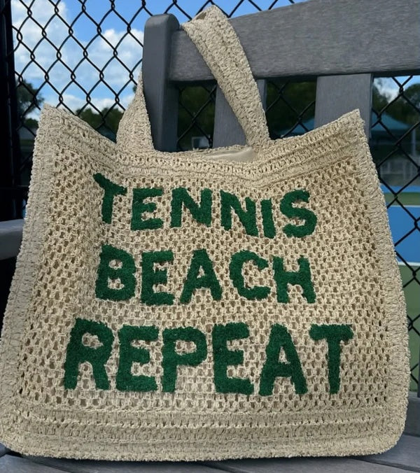 Crocheted Straw Tote Bag - "Tennis, Beach, Repeat"