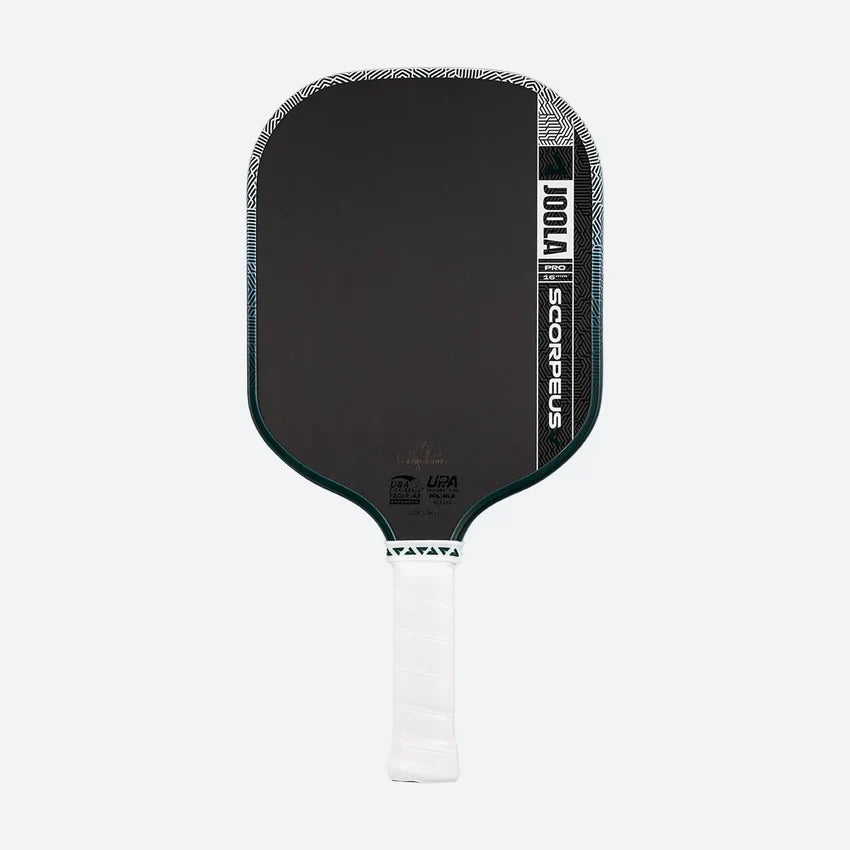 Black Joola pickleball paddle with white handle on a white background