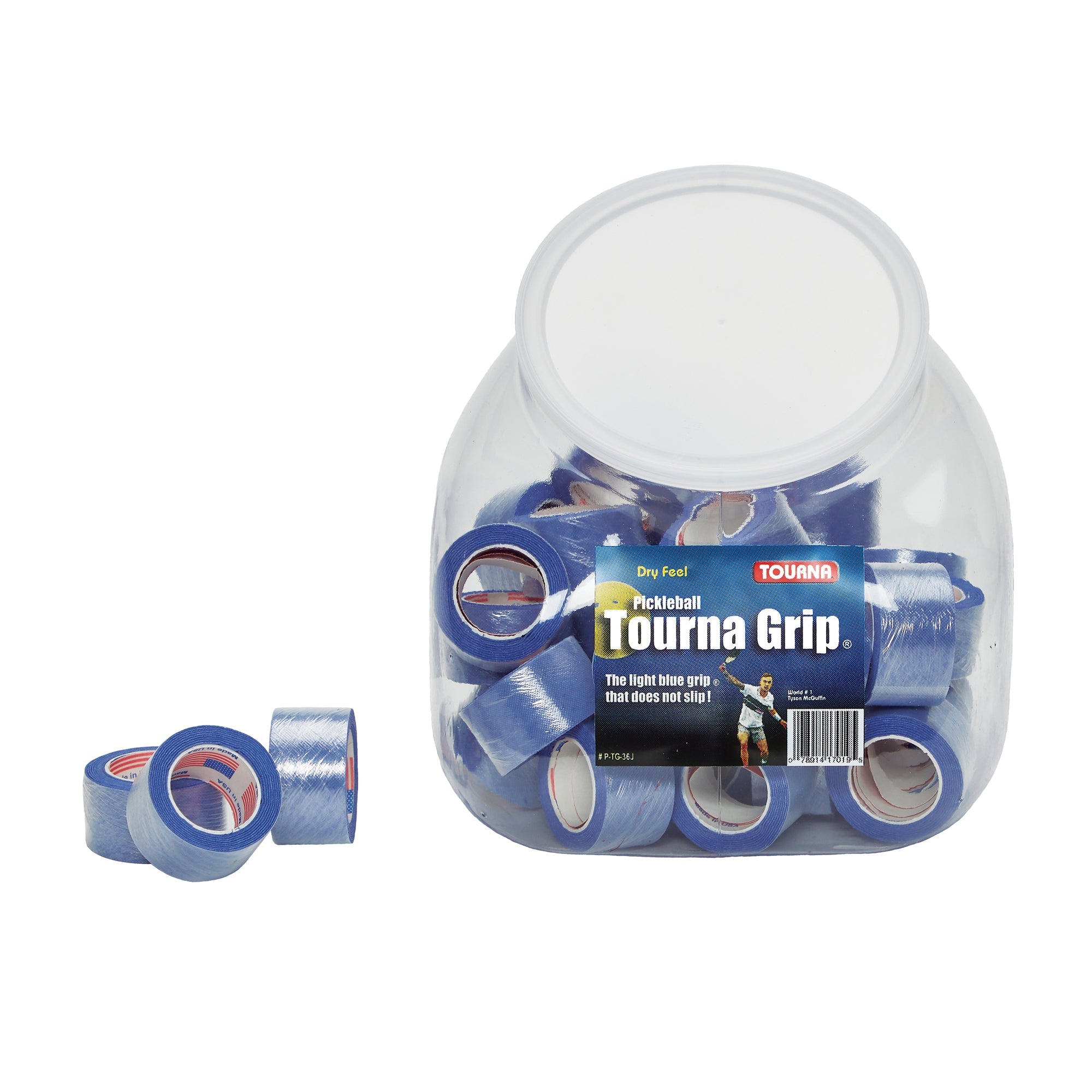 Display Jar with 45 Single Rolls of Tourna Grip for Pickleball