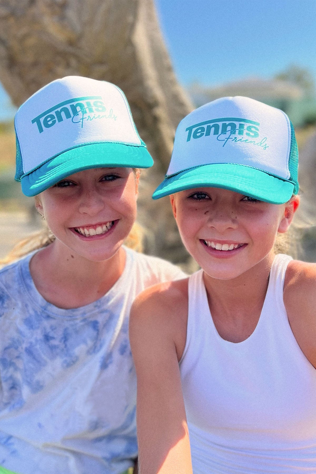 Tennis Friends Trucker Hat in Teal/White