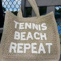 Crocheted Straw Tote Bag "Tennis, Beach, Repeat"