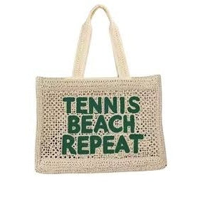 Crocheted Straw Tote Bag - "Tennis, Beach, Repeat"