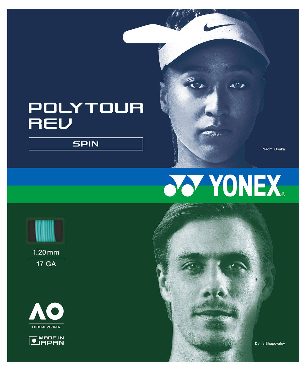 Yonex poly tour rev tennis string packaging with images of a woman and a man, featuring the brand logo and product details.