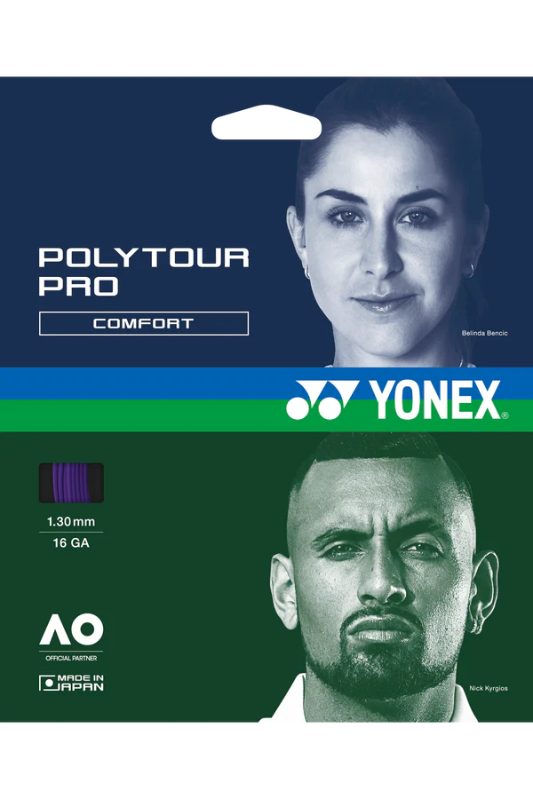 Yonex poly tour pro tennis string packaging with images of a woman and a man, featuring the brand logo and product details.